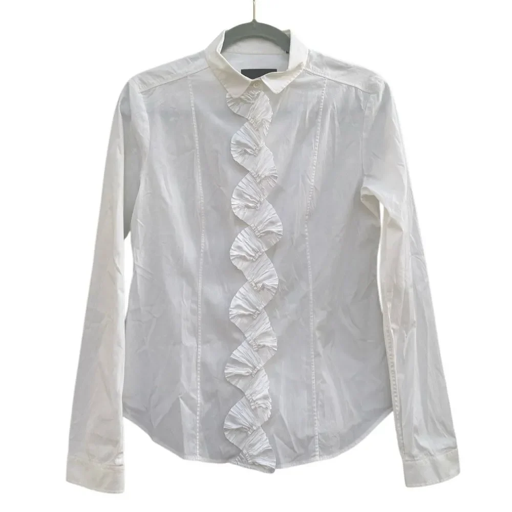 Burberry Women's White Cotton Blend Ruffle Button Down Dress Shirt - Picture 2 of 6